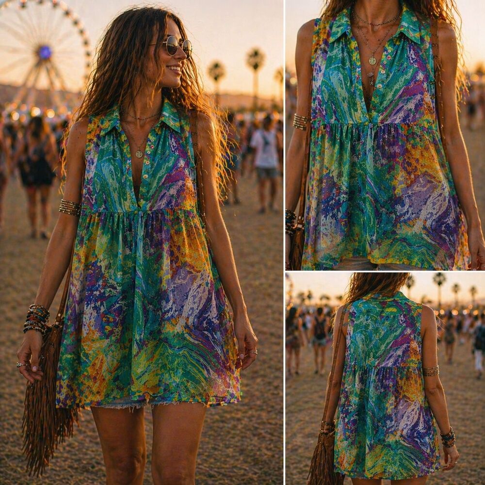 Cupio Sheer Sleeveless Blouse Medium Flowing Abstract Chiffon Boho Colorful Top